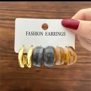 GOLD gray brown Chunky hoop resin earring bundle
